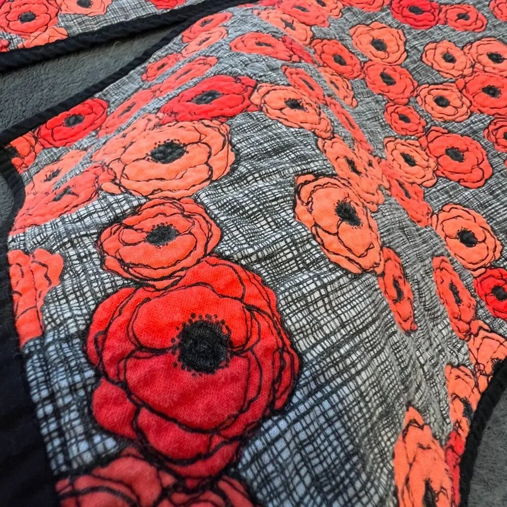 Set Of 4 Handmade Quilted‎ Placemats With Red & Orange Poppies Floral Design